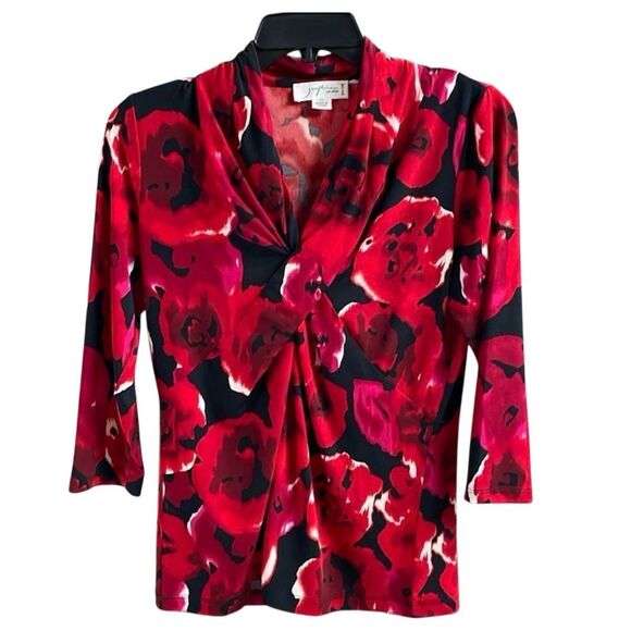 Josephine Studio Petite Small Red Black Floral Twist Front V-Neck Blouse - Picture 2 of 8